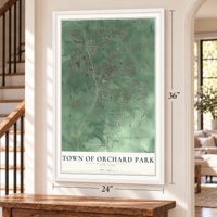 Town of Orchard Park, New York map, 24 x 36 inch print in a white frame by a staircase