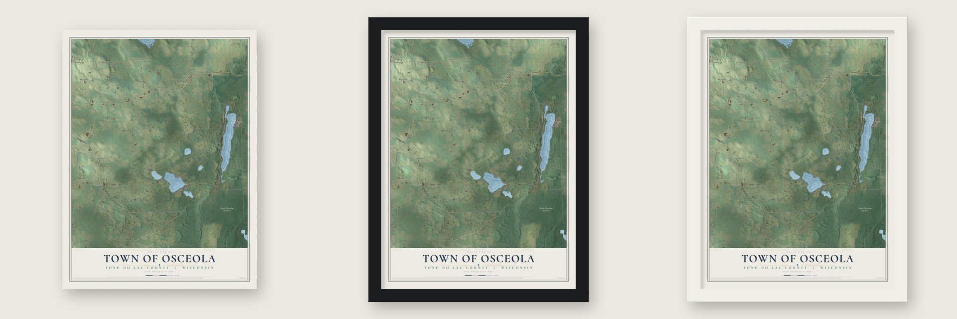 Town of Osceola, Fond du Lac County, Wisconsin map unframed, in a black wood frame and in a white wood frame