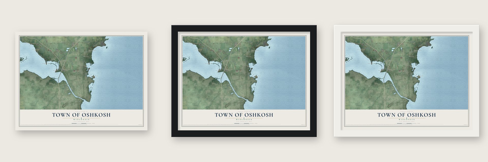 Town of Oshkosh, Wisconsin map unframed, in a black wood frame and in a white wood frame