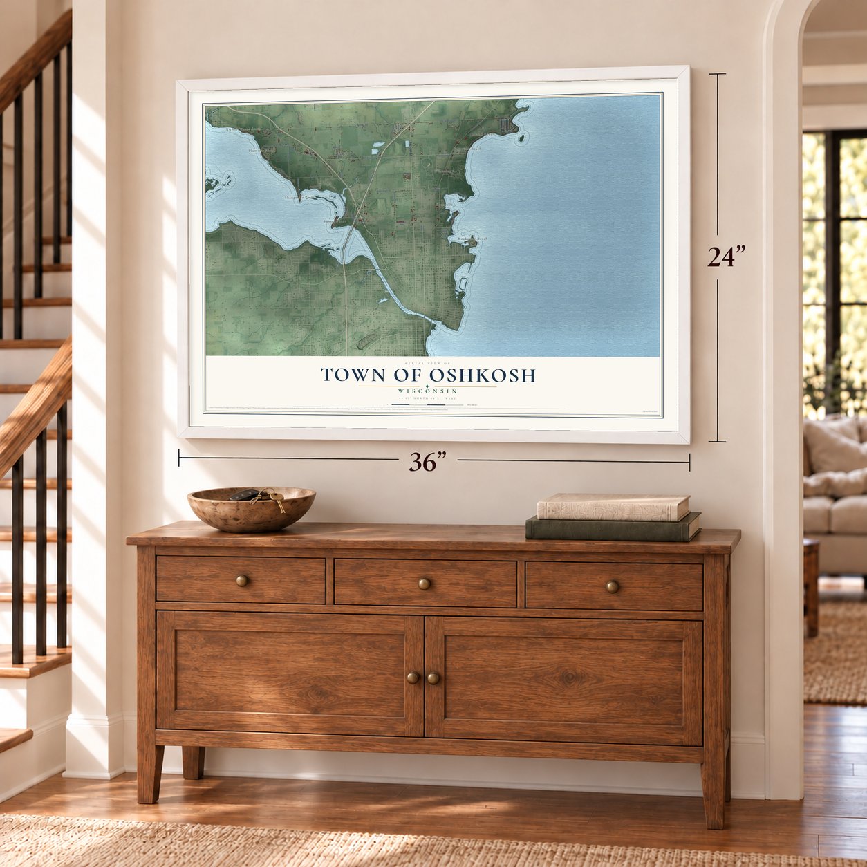 Town of Oshkosh, Wisconsin map, 24 x 36 inch print in a white frame above a dresser by a staircase