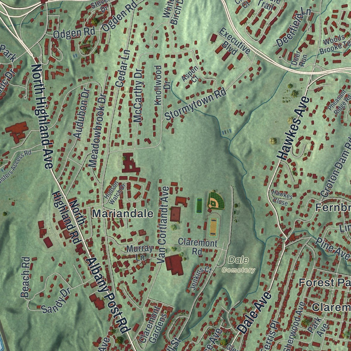 Second close-up of the map of the Town of Ossining, New York print showing more streets and buildings