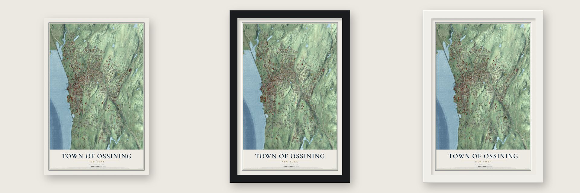 Town of Ossining, New York map unframed, in a black wood frame and in a white wood frame