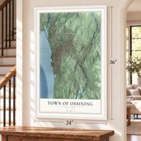 Town of Ossining, New York map, 24 x 36 inch print in a white frame by a staircase