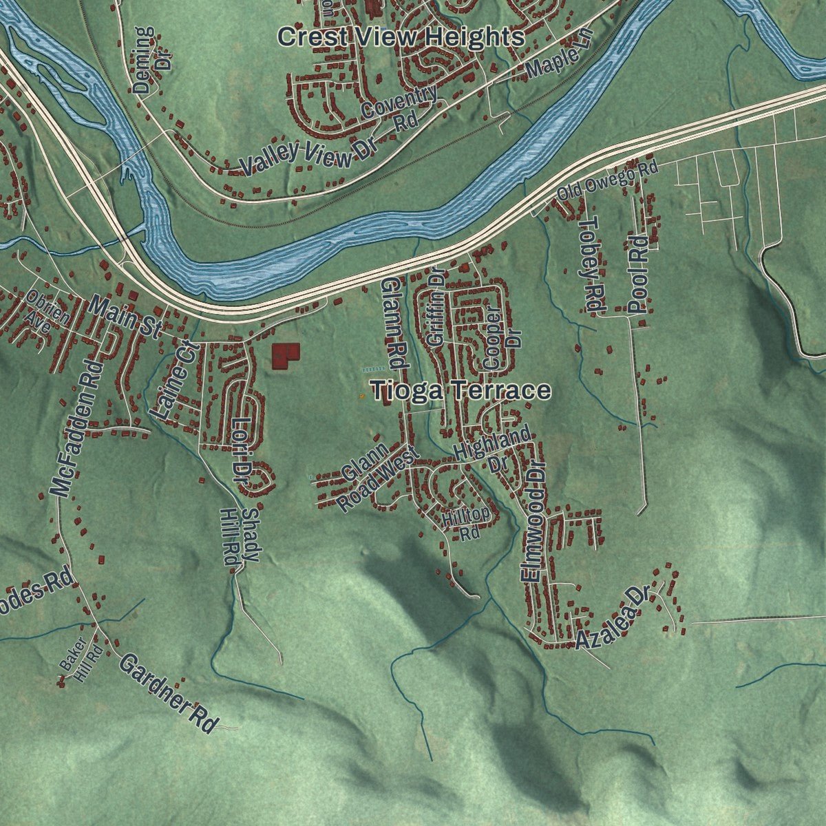 Second close-up of the map of the Town of Owego, New York print showing more streets and buildings
