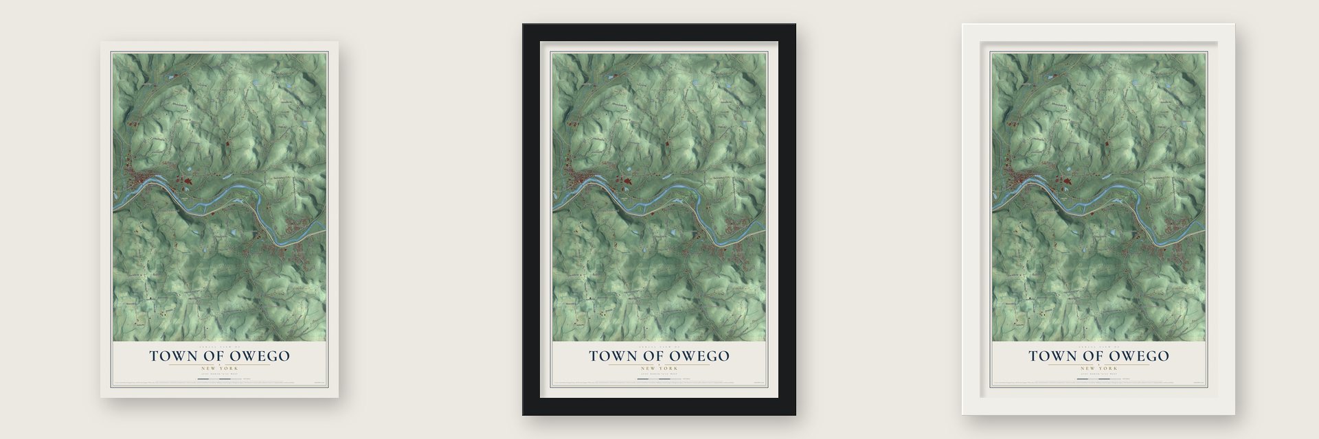 Town of Owego, New York map unframed, in a black wood frame and in a white wood frame