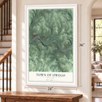 Town of Owego, New York map, 24 x 36 inch print in a white frame by a staircase