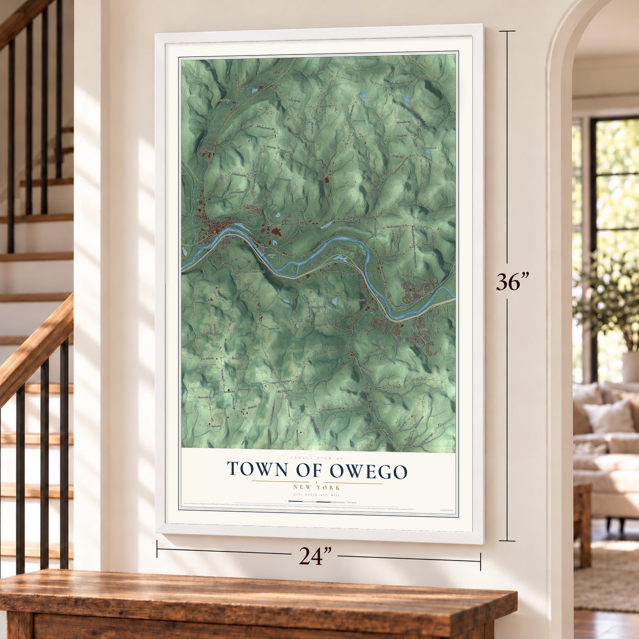 Town of Owego, New York map, 24 x 36 inch print in a white frame by a staircase