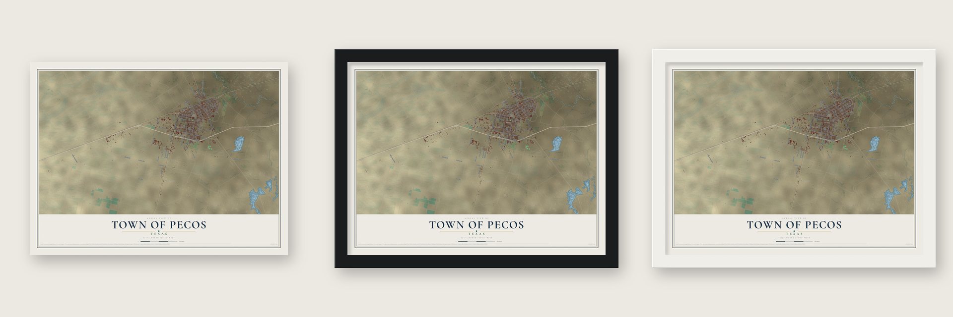 Town of Pecos, Texas map unframed, in a black wood frame and in a white wood frame
