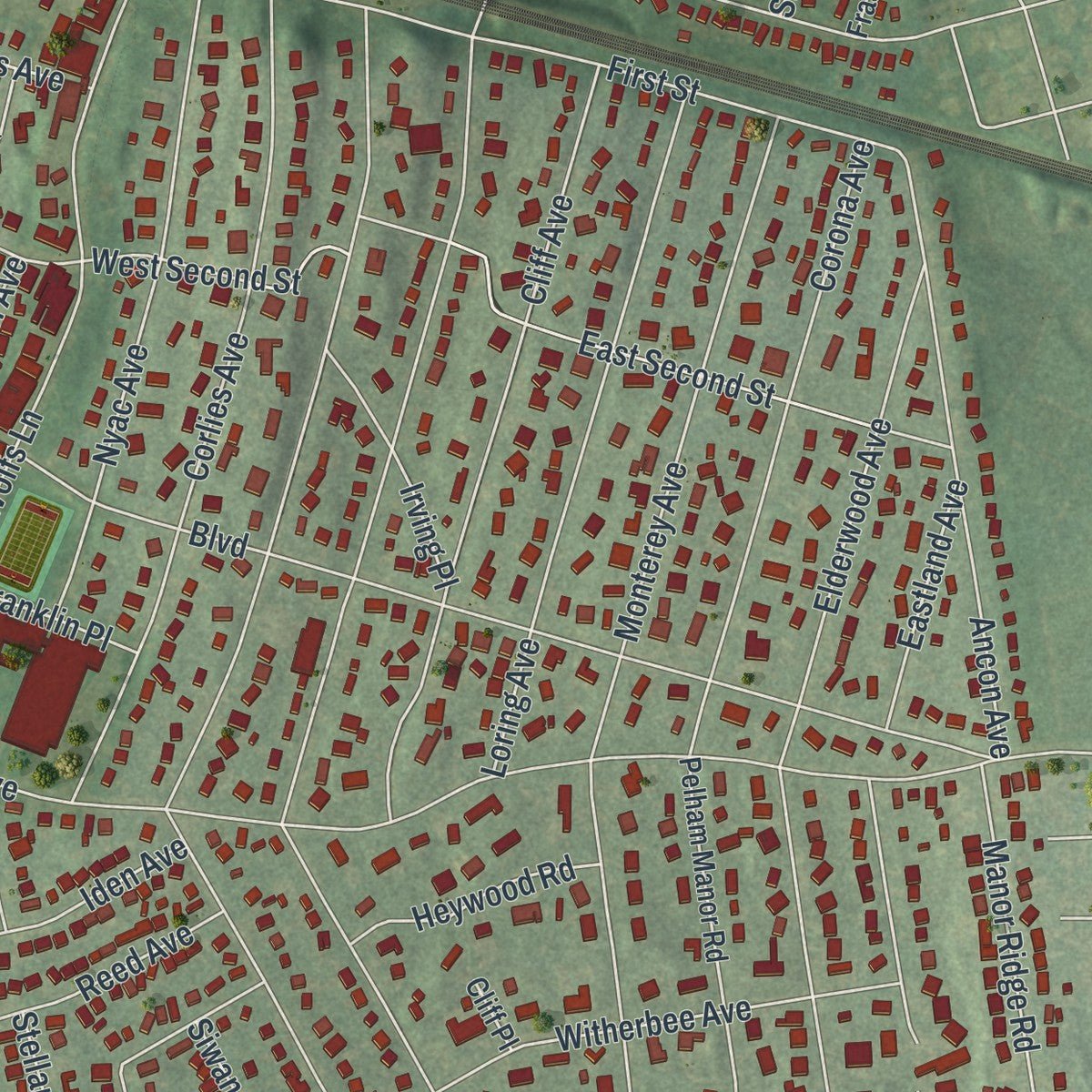 Second close-up of the map of the Town of Pelham, New York print showing more streets and buildings