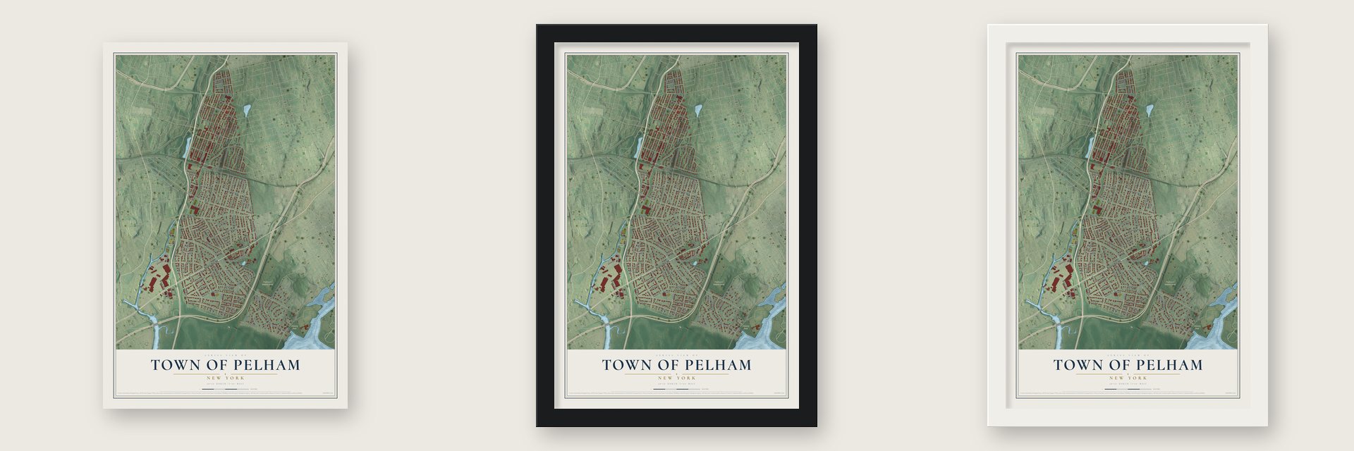 Town of Pelham, New York map unframed, in a black wood frame and in a white wood frame
