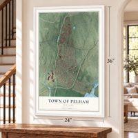 Town of Pelham, New York map, 24 x 36 inch print in a white frame by a staircase