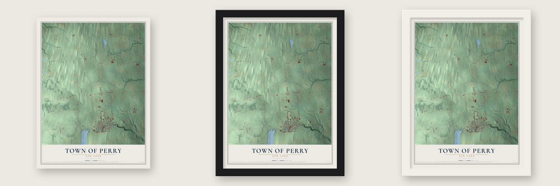 Town of Perry, New York map unframed, in a black wood frame and in a white wood frame
