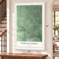 Town of Perry, New York map, 24 x 36 inch print in a white frame by a staircase