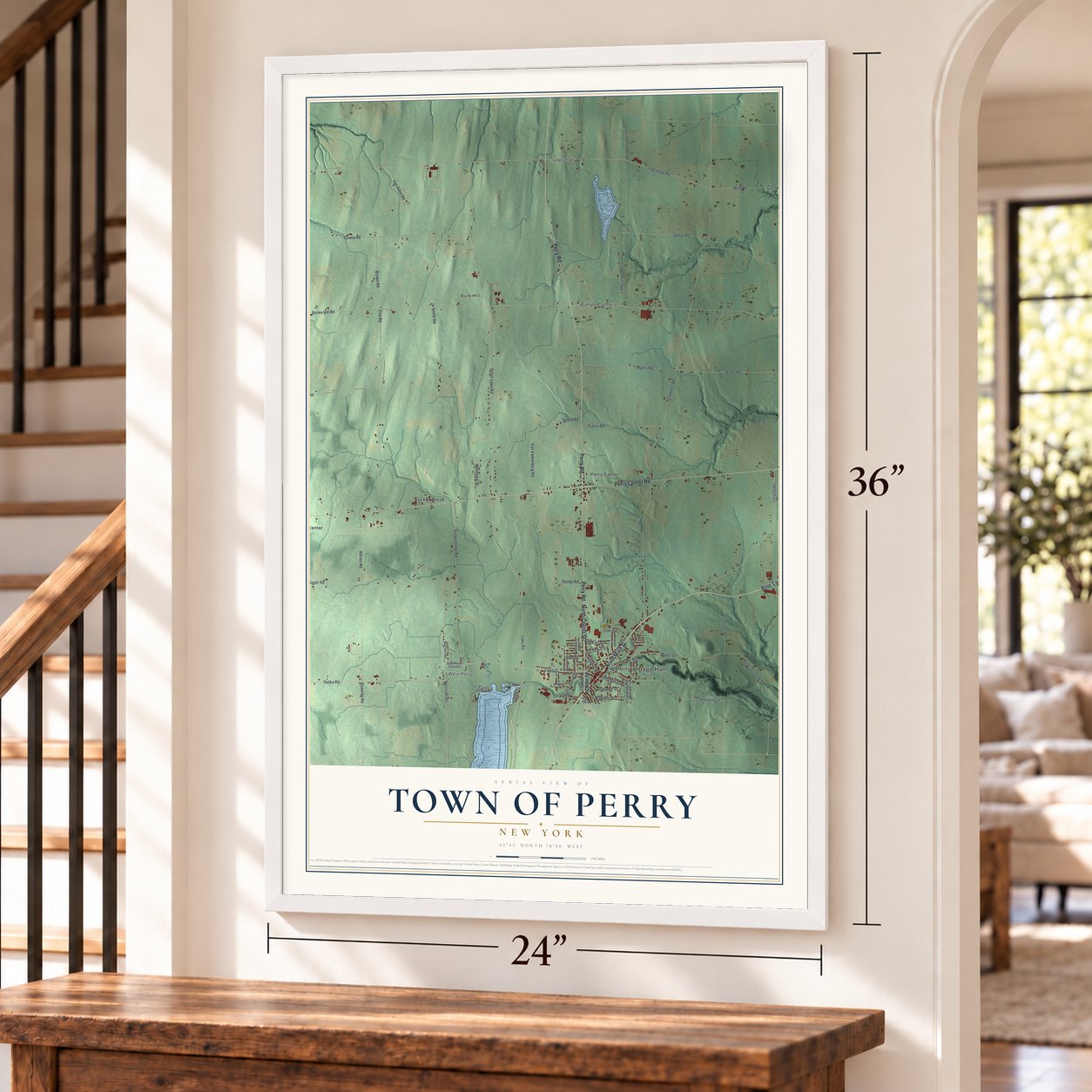 Town of Perry, New York map, 24 x 36 inch print in a white frame by a staircase