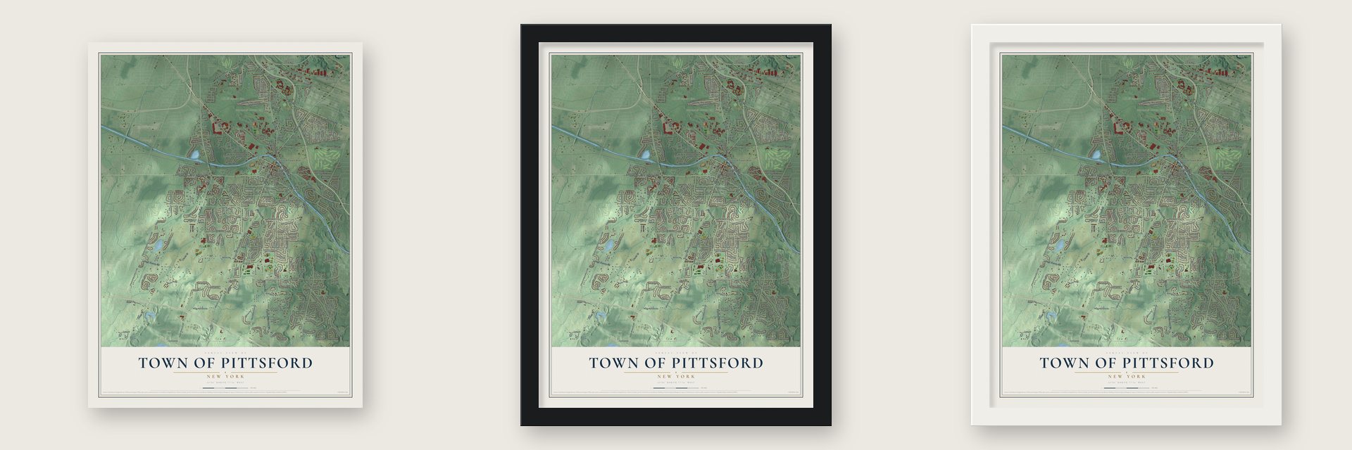 Town of Pittsford, New York map unframed, in a black wood frame and in a white wood frame