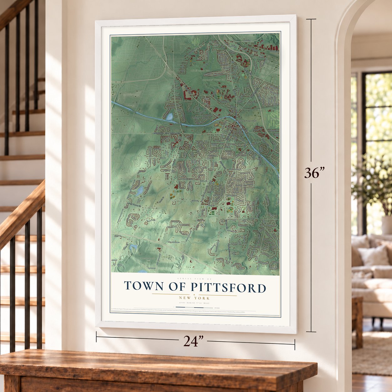 Town of Pittsford, New York map, 24 x 36 inch print in a white frame by a staircase
