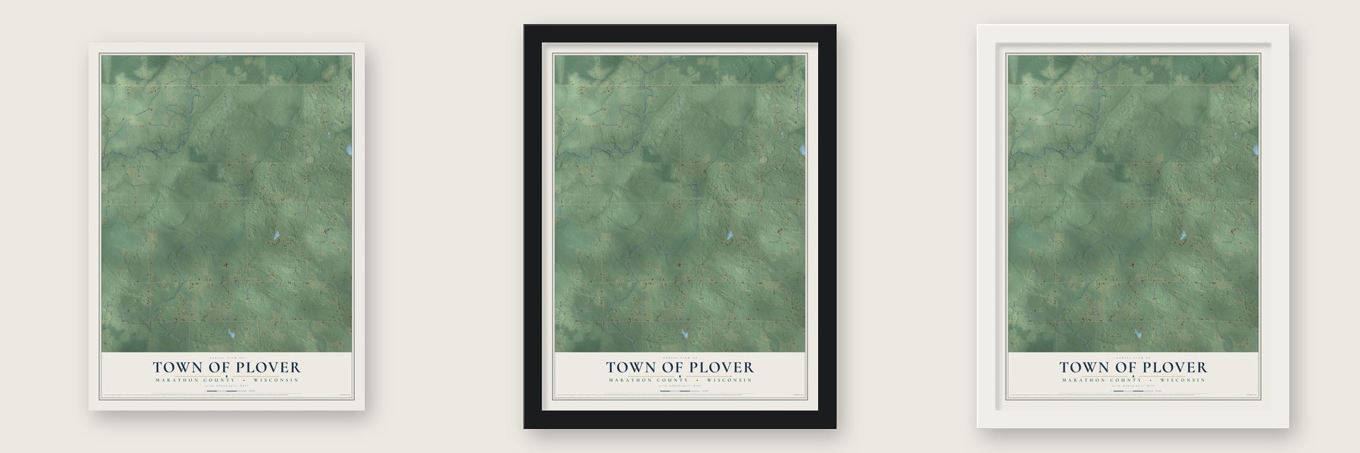 Town of Plover, Marathon County, Wisconsin map unframed, in a black wood frame and in a white wood frame