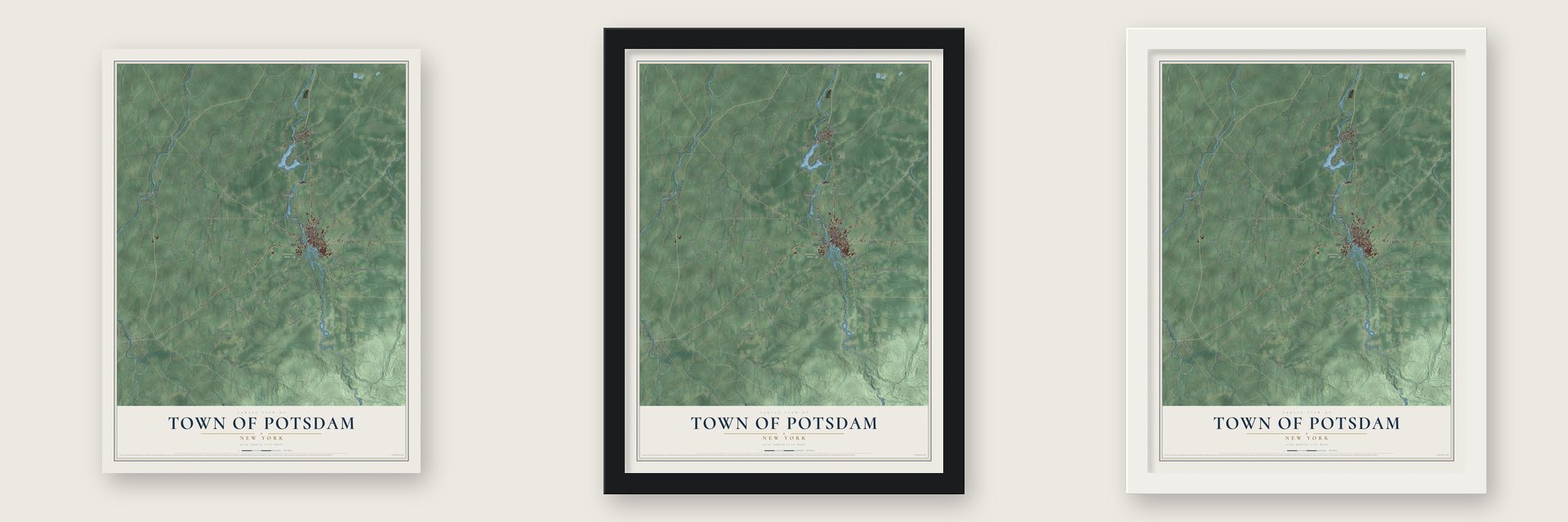 Town of Potsdam, New York map unframed, in a black wood frame and in a white wood frame