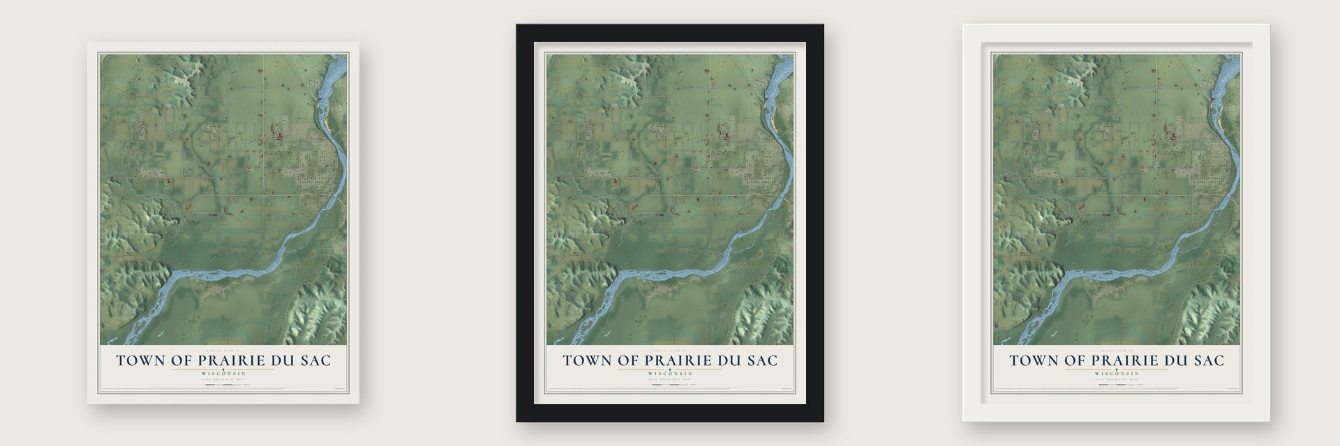 Town of Prairie du Sac, Wisconsin map unframed, in a black wood frame and in a white wood frame