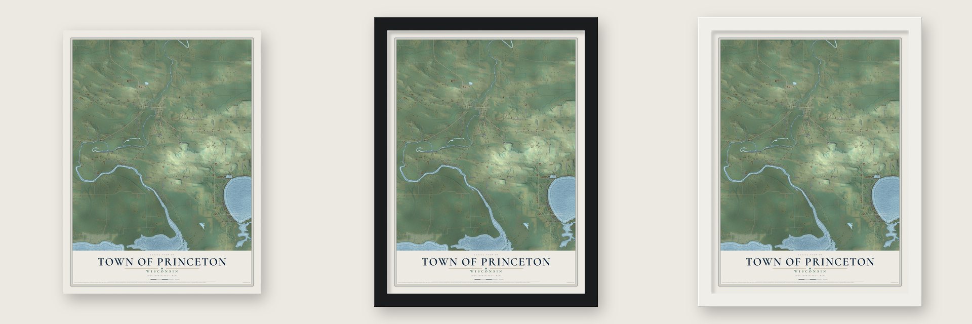 Town of Princeton, Wisconsin map unframed, in a black wood frame and in a white wood frame
