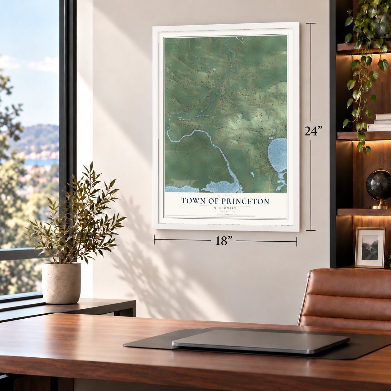 Town of Princeton, Wisconsin map, 18 x 24 inch print in a white frame in a home office