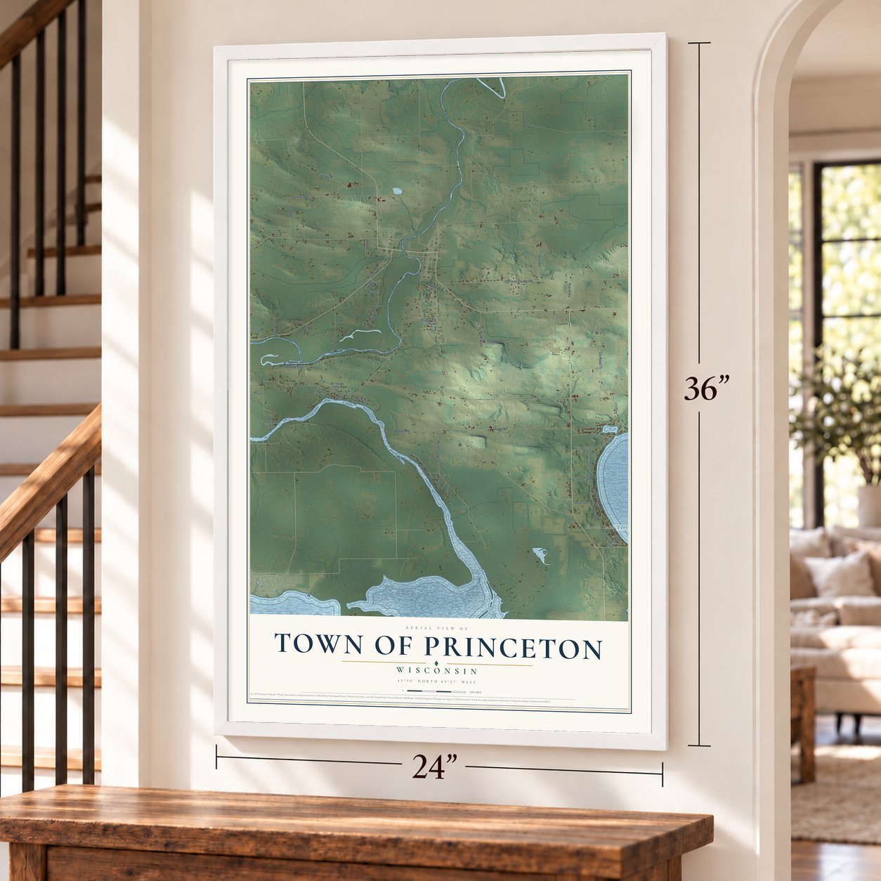 Town of Princeton, Wisconsin map, 24 x 36 inch print in a white frame by a staircase