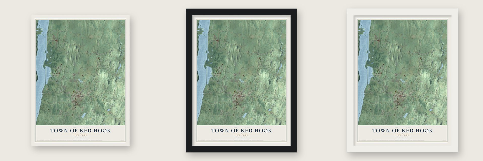 Town of Red Hook, New York map unframed, in a black wood frame and in a white wood frame