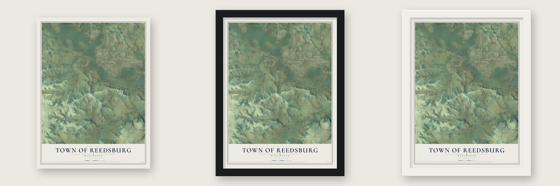 Town of Reedsburg, Wisconsin map unframed, in a black wood frame and in a white wood frame