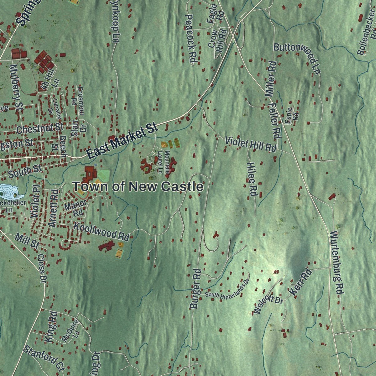 Second close-up of the map of the Town of Rhinebeck, New York print showing more streets and buildings