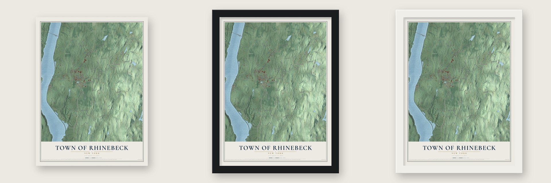 Town of Rhinebeck, New York map unframed, in a black wood frame and in a white wood frame