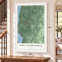 Town of Rhinebeck, New York map, 24 x 36 inch print in a white frame by a staircase
