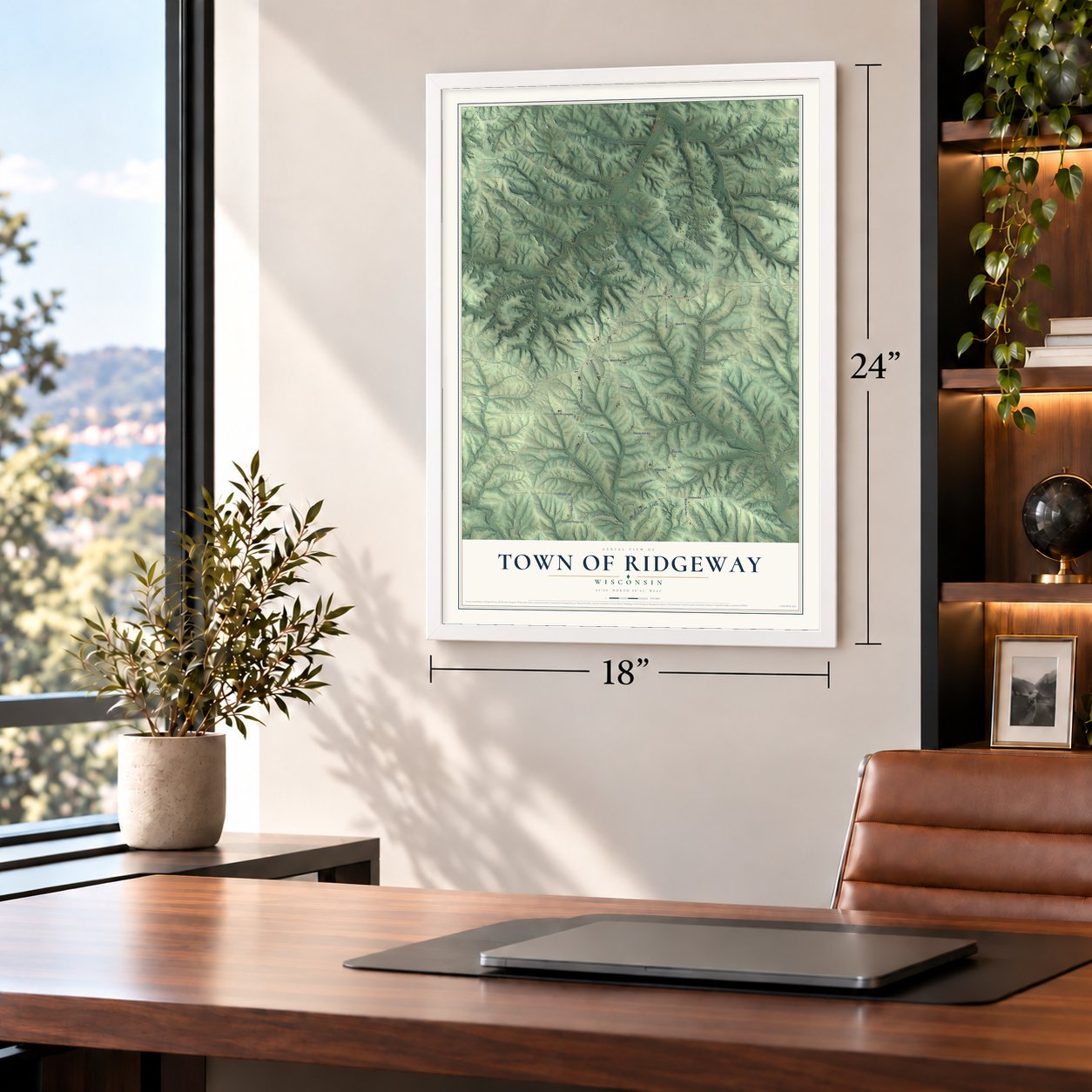Town of Ridgeway, Wisconsin map, 18 x 24 inch print in a white frame in a home office