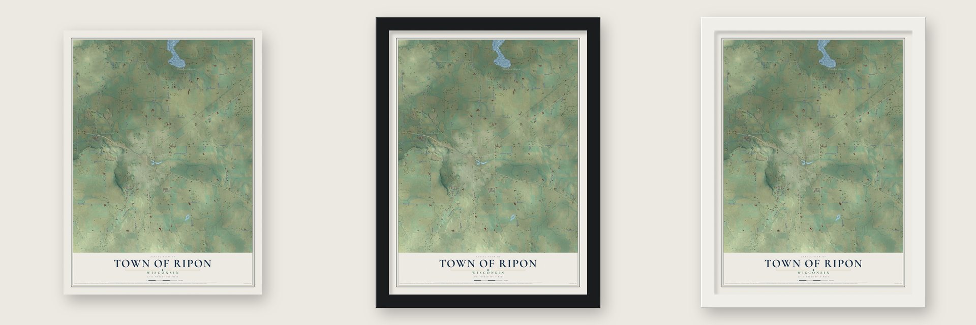 Town of Ripon, Wisconsin map unframed, in a black wood frame and in a white wood frame