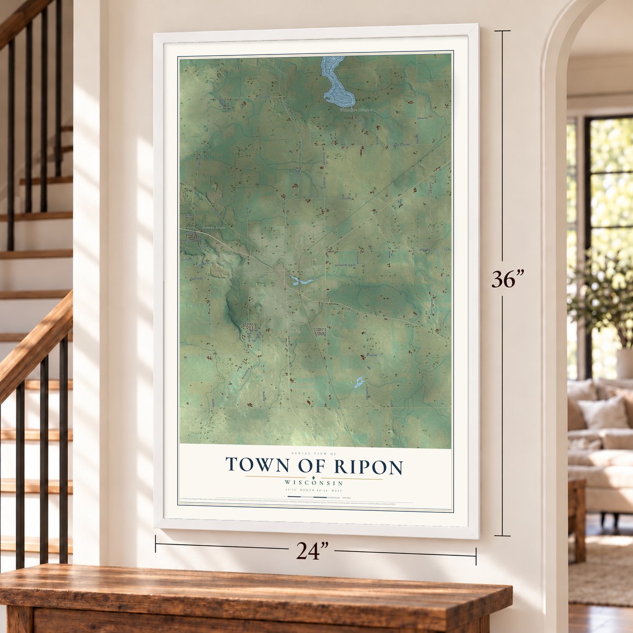 Town of Ripon, Wisconsin map, 24 x 36 inch print in a white frame by a staircase