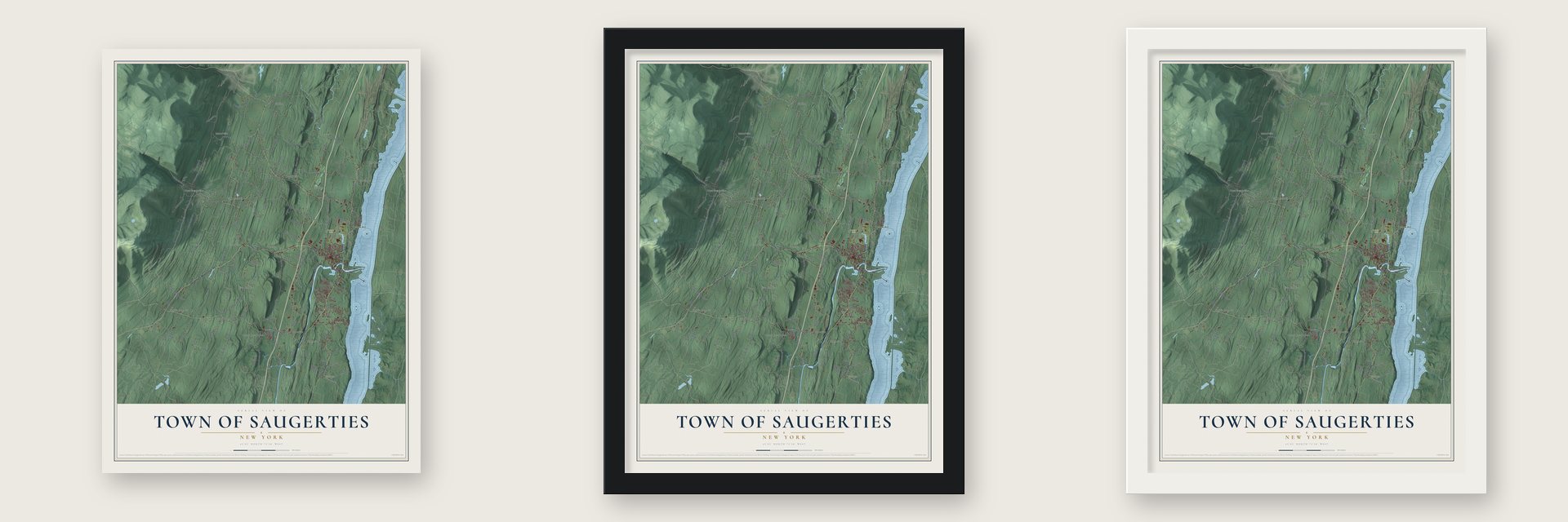 Town of Saugerties, New York map unframed, in a black wood frame and in a white wood frame