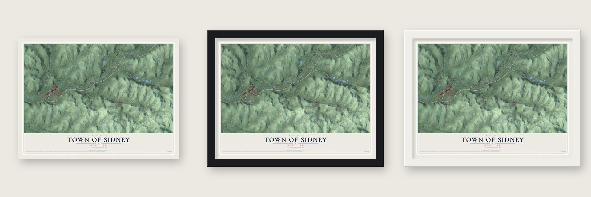 Town of Sidney, New York map unframed, in a black wood frame and in a white wood frame