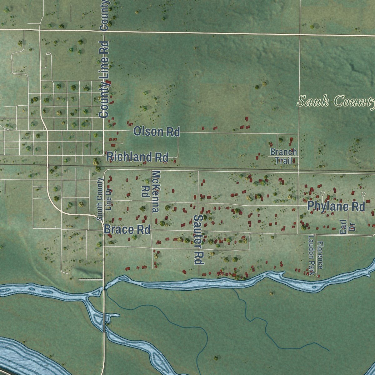 Second close-up of the map of the Town of Spring Green, Wisconsin print showing more streets and buildings