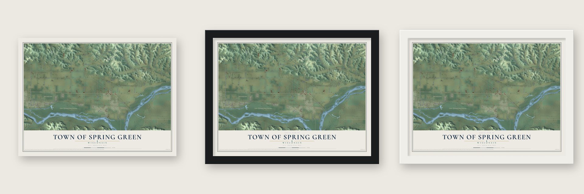 Town of Spring Green, Wisconsin map unframed, in a black wood frame and in a white wood frame