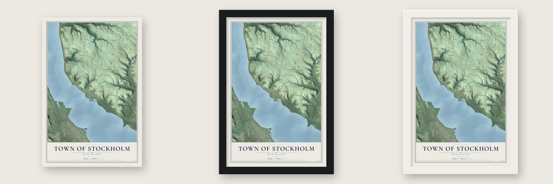 Town of Stockholm, Wisconsin map unframed, in a black wood frame and in a white wood frame