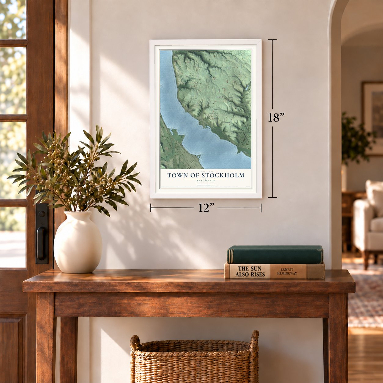 Town of Stockholm, Wisconsin map, 12 x 18 inch print in a white frame in an entryway