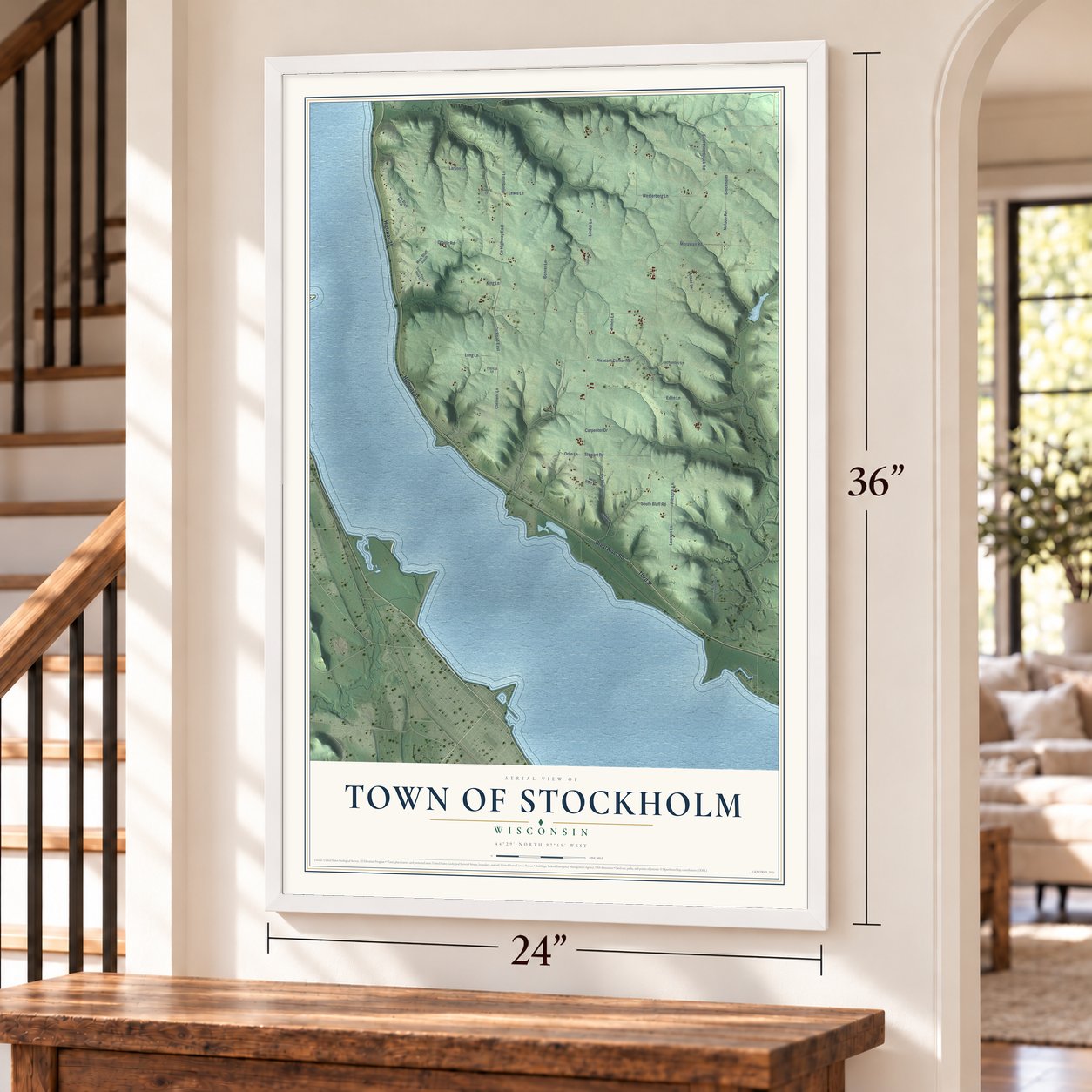 Town of Stockholm, Wisconsin map, 24 x 36 inch print in a white frame by a staircase