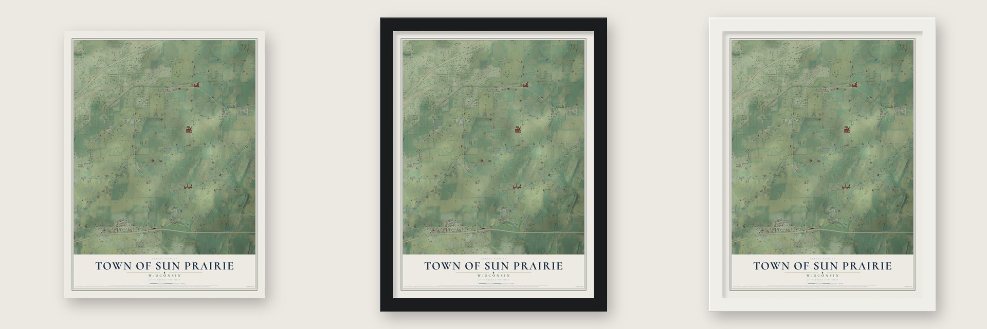 Town of Sun Prairie, Wisconsin map unframed, in a black wood frame and in a white wood frame