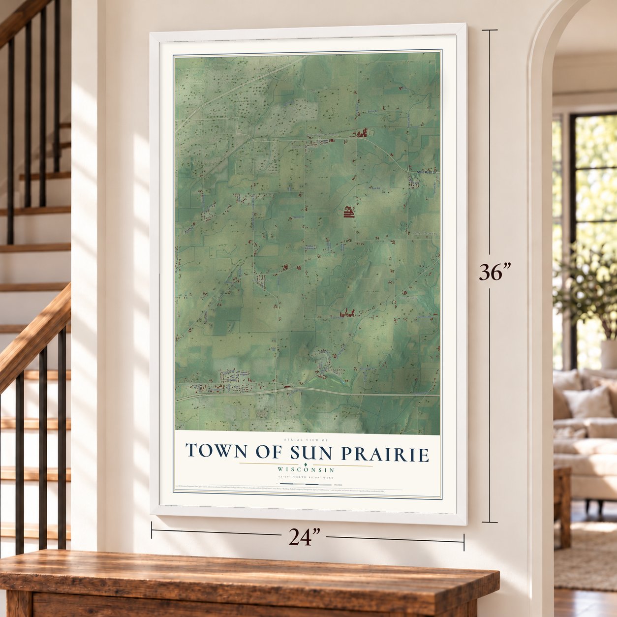 Town of Sun Prairie, Wisconsin map, 24 x 36 inch print in a white frame by a staircase