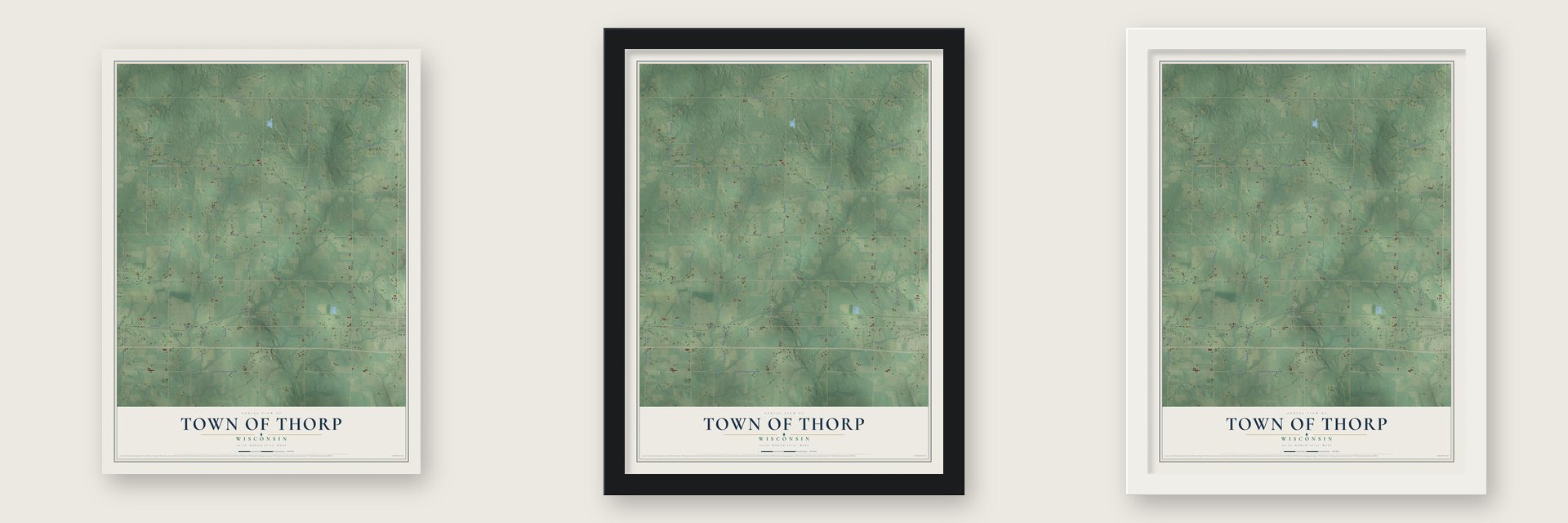 Town of Thorp, Wisconsin map unframed, in a black wood frame and in a white wood frame