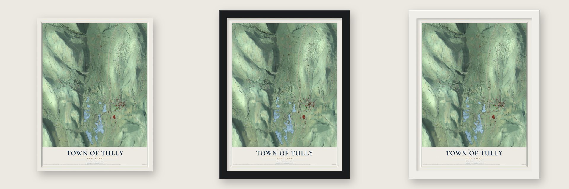 Town of Tully, New York map unframed, in a black wood frame and in a white wood frame