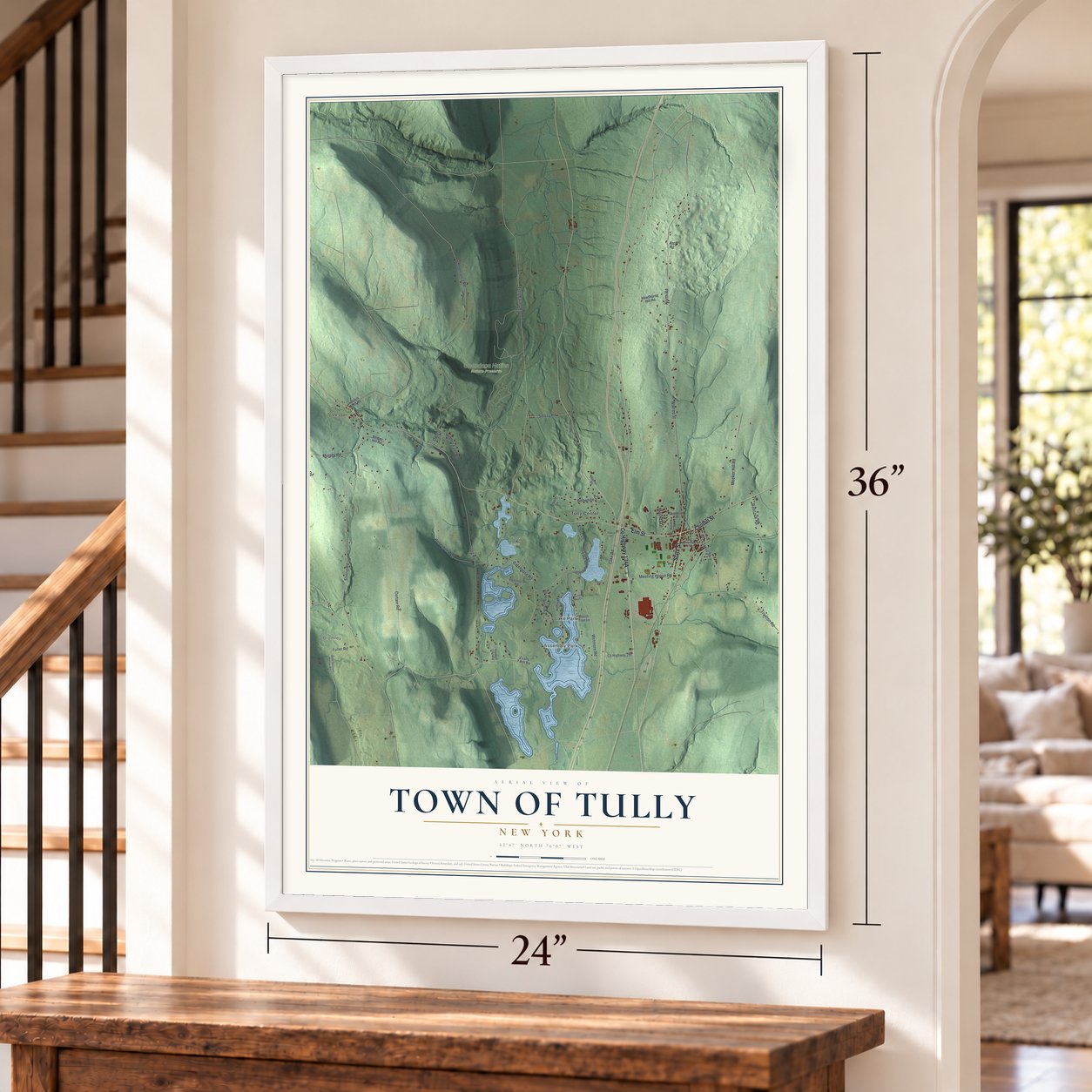 Town of Tully, New York map, 24 x 36 inch print in a white frame by a staircase