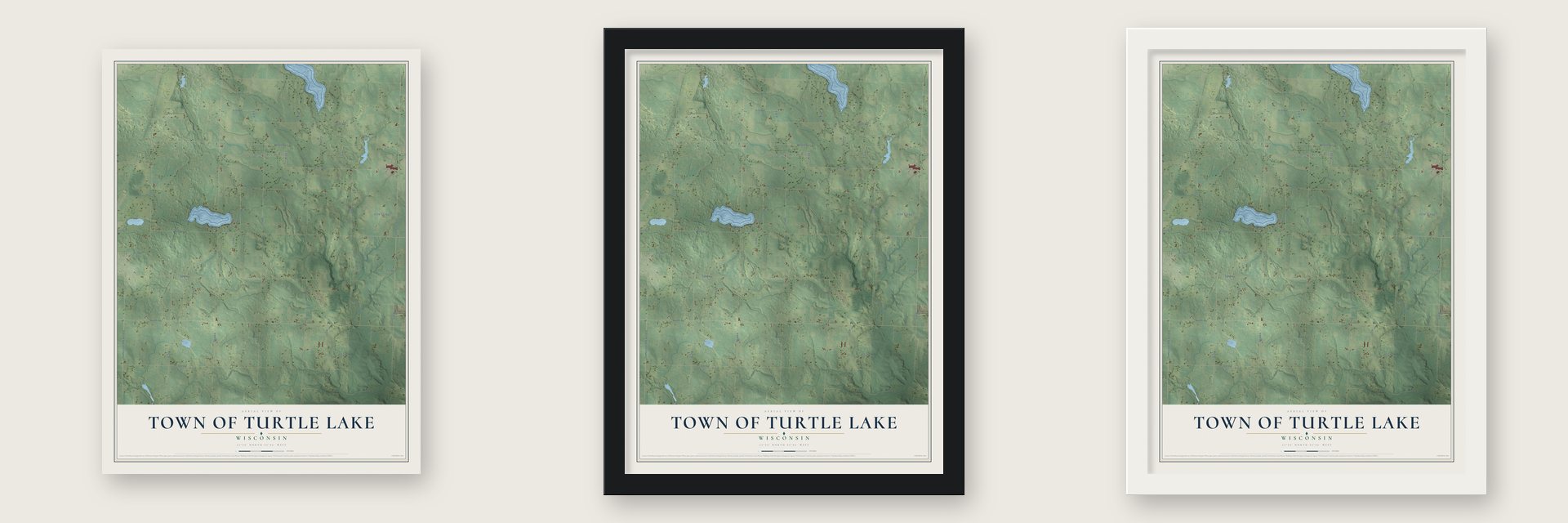 Town of Turtle Lake, Wisconsin map unframed, in a black wood frame and in a white wood frame