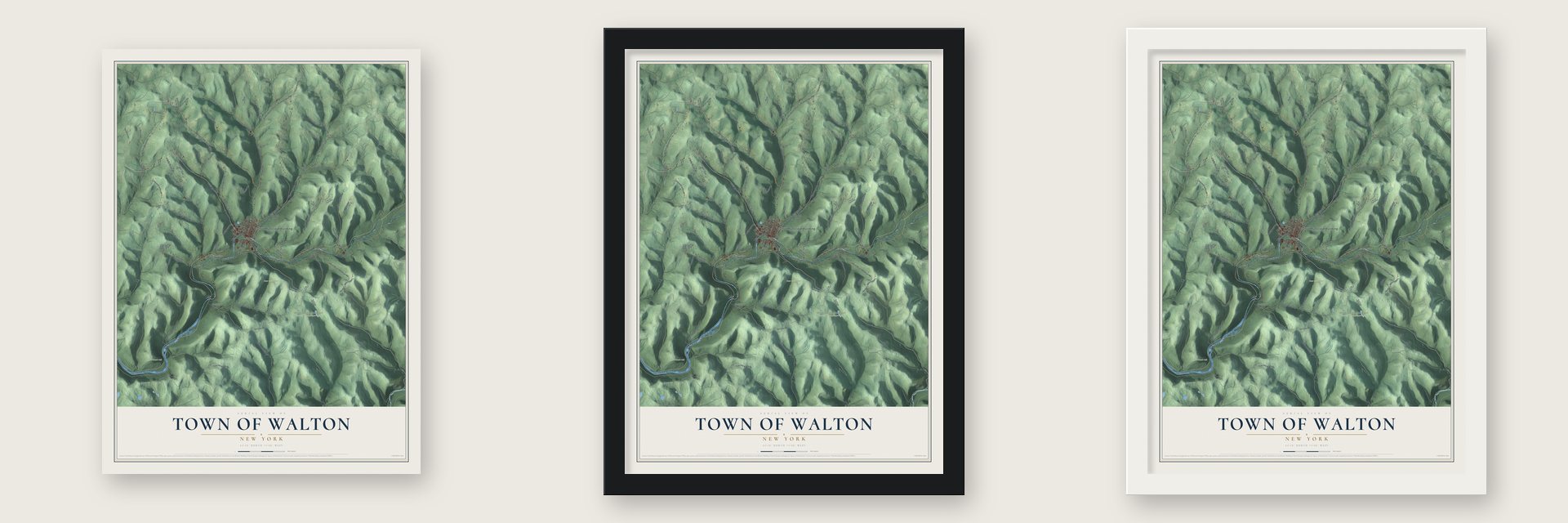 Town of Walton, New York map unframed, in a black wood frame and in a white wood frame