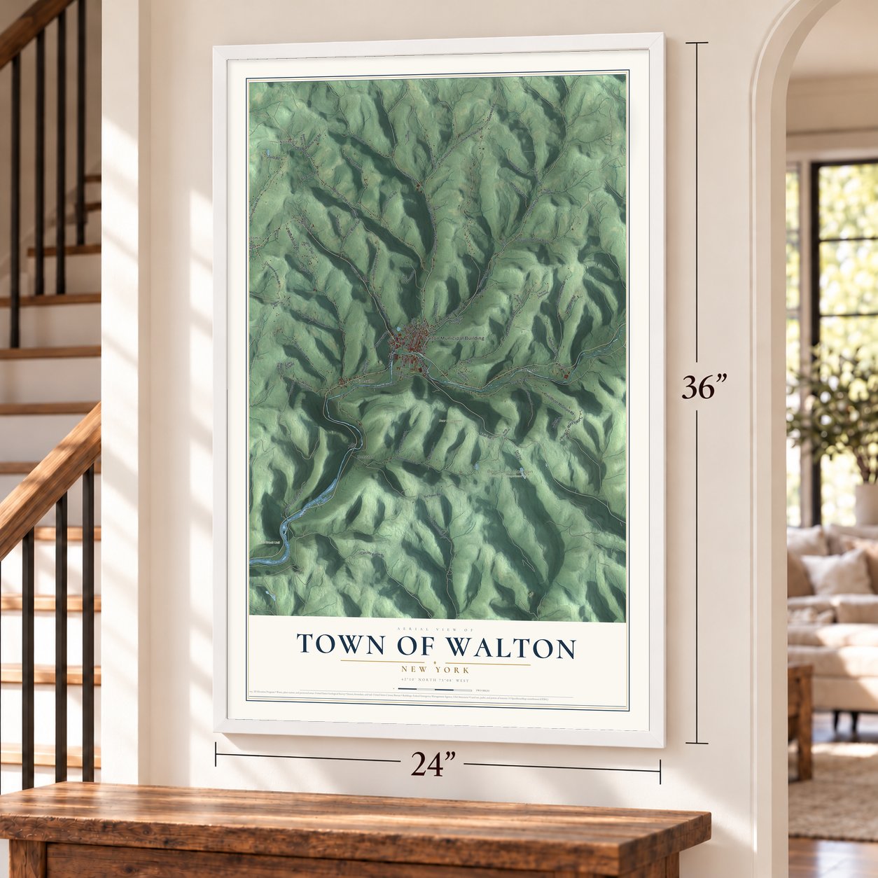 Town of Walton, New York map, 24 x 36 inch print in a white frame by a staircase