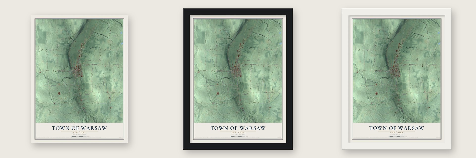 Town of Warsaw, New York map unframed, in a black wood frame and in a white wood frame